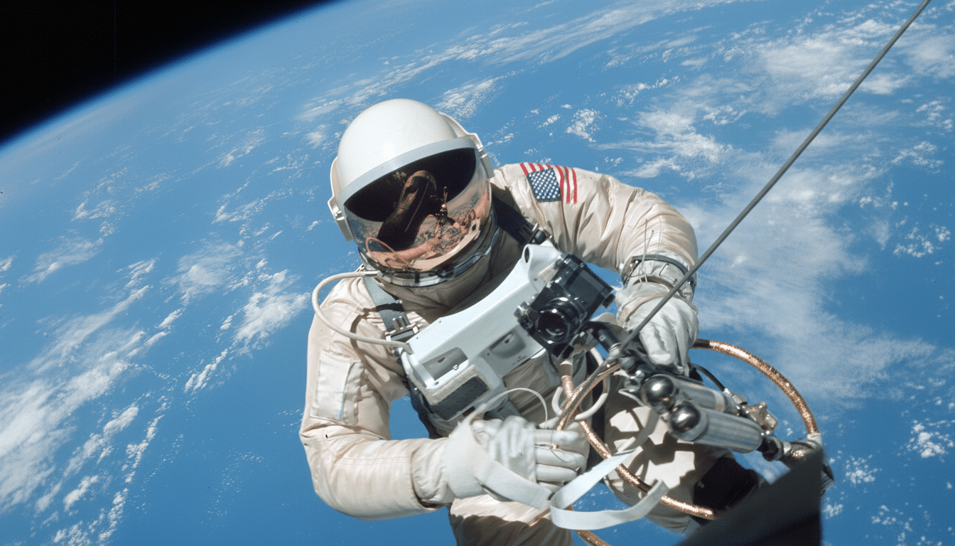 An astronaut in a white spacesuit with an American flag patch on the arm, holding equipment, with the Earth and its blue atmosphere and white clouds visible in the background.
