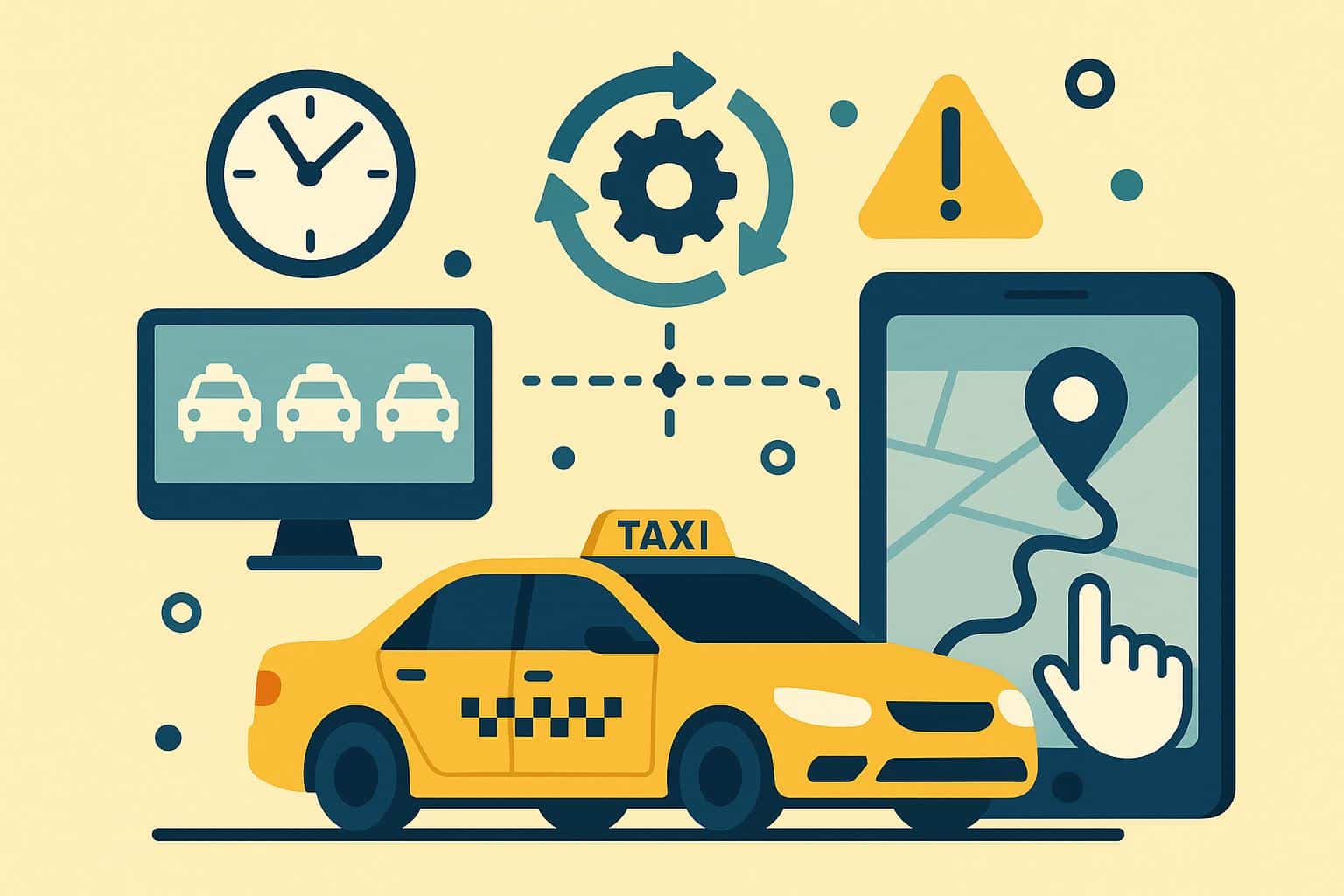 Taxi fleet with digital booking interface illustrating automated dispatch and streamlined operations