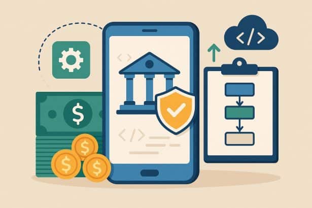 Mobile banking app interface and coding elements representing software development process