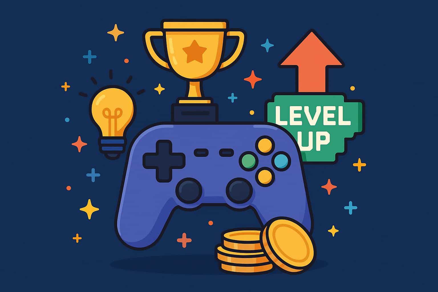 Colorful online game interface with achievement badges and leaderboard for leveling up quickly