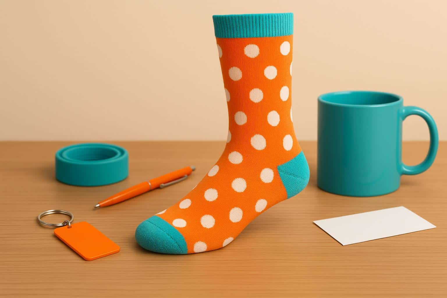 Colorful custom-branded socks displayed as unique promotional merchandise for marketing campaigns