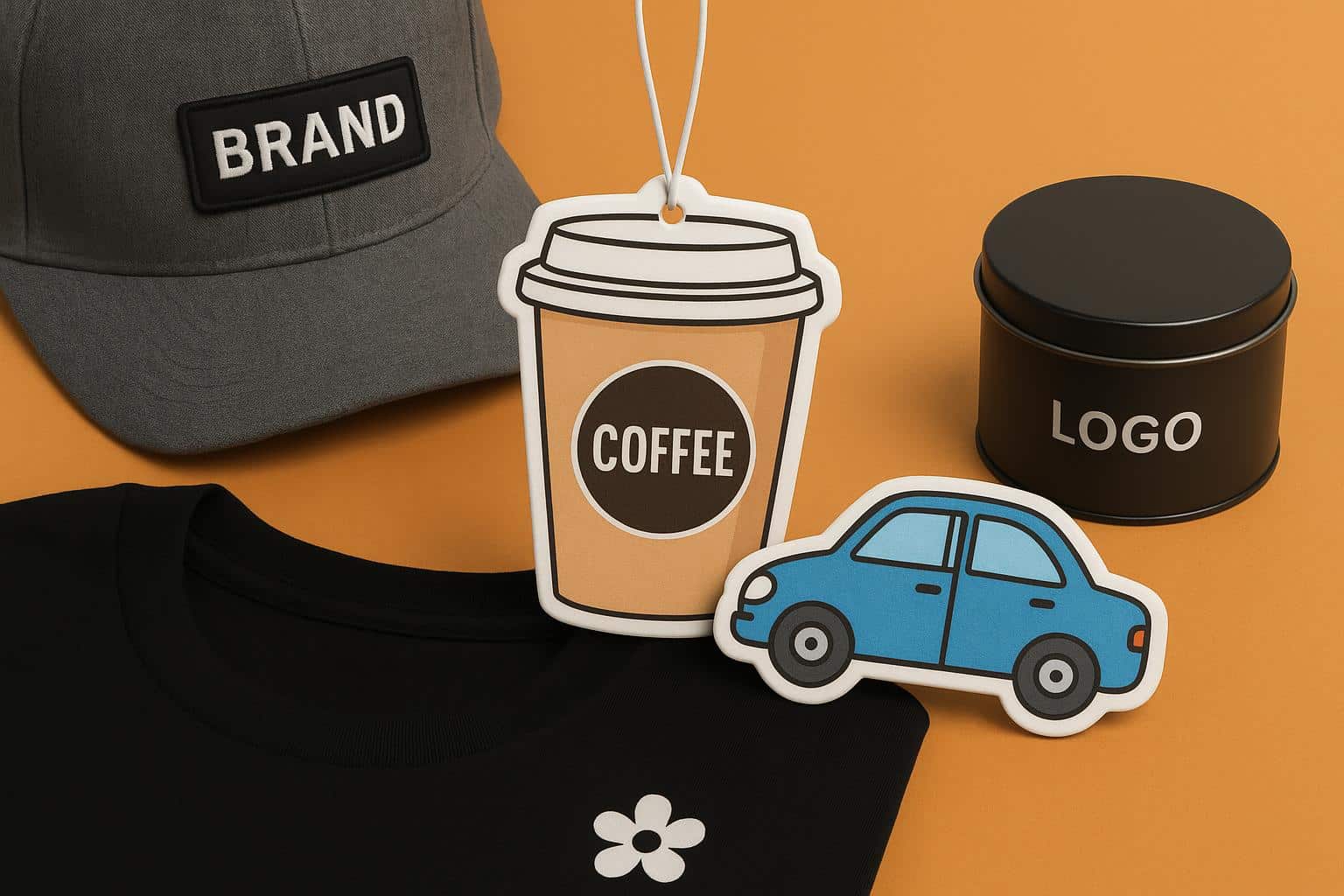 Custom shape air fresheners with unique branding designs displayed as promotional merchandise