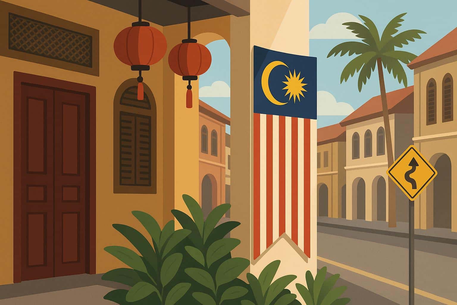 Traditional Malaysian street food market with colorful stalls and local delicacies on display