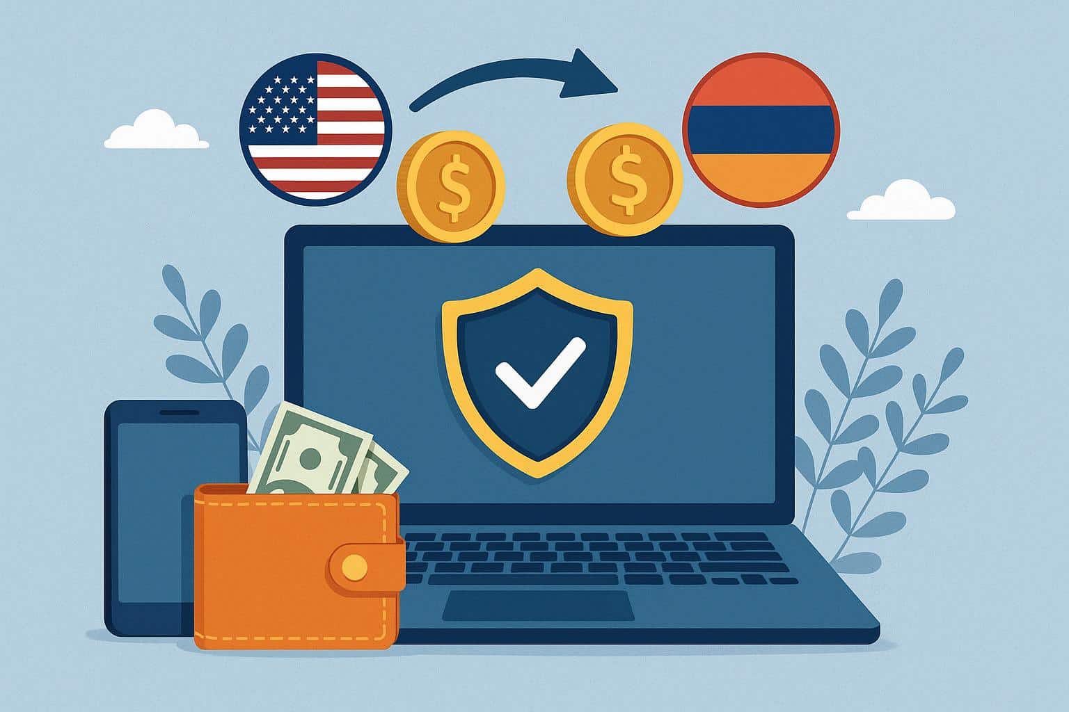 Mobile phone with banking app transferring funds internationally with world map background