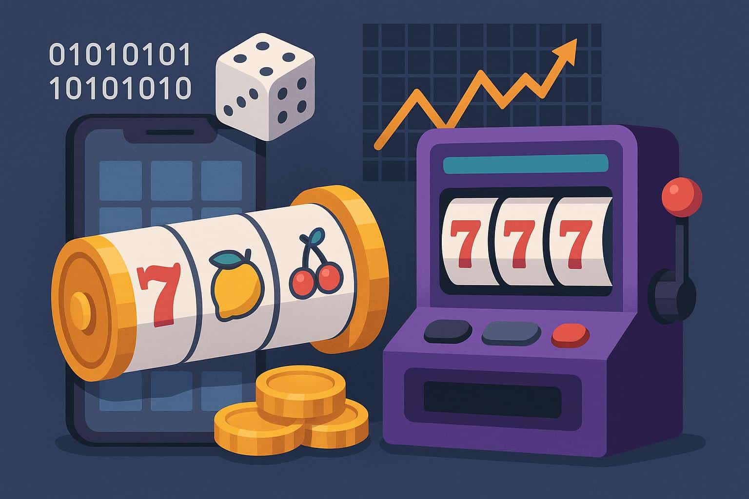 Digital slot machine interface highlighting RNG algorithms, volatility levels, and mobile features