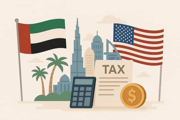 U.S. expatriate tax documents and American passport with UAE cityscape in the background