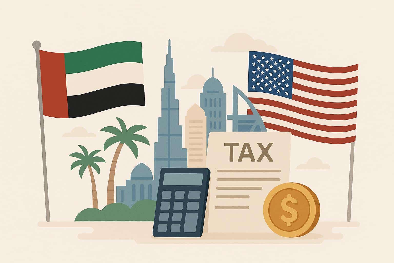 U.S. expatriate tax documents and American passport with UAE cityscape in the background