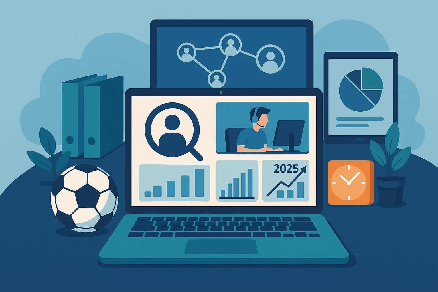 Dashboard with analytics and sports organization logos illustrating remote work monitoring tools