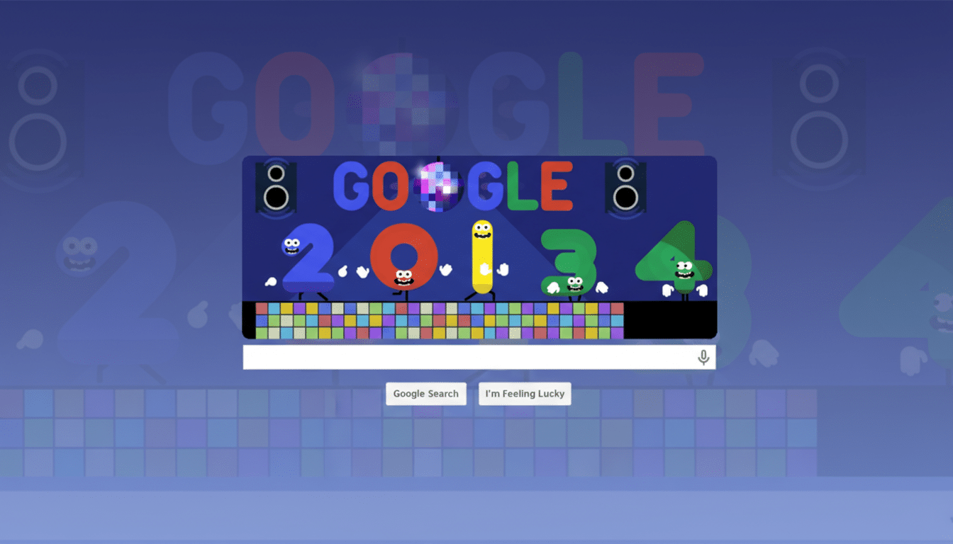 A professional enhancement of the Google 2014 New Years Eve doodle, resized to a 16:9 aspect ratio. The original doodle, featuring animated numbers 2, 0, 1, 3, and 4 dancing on a colorful tiled floor under a disco ball and speakers, is centered on a new background that subtly extends the doodles disco floor pattern and blue color scheme with a soft gradient, maintaining a clean and professional presentation.