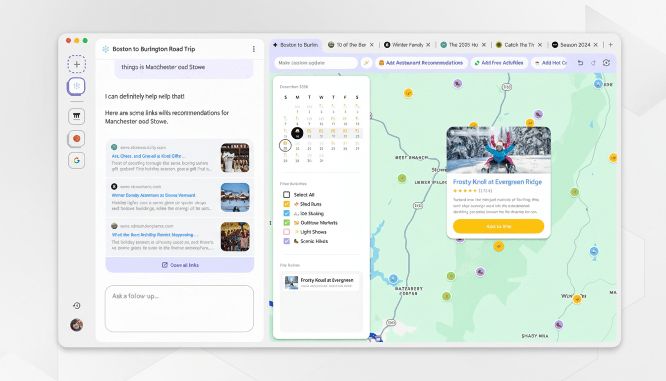 A screenshot of a travel planning application showing a map of Vermont with a highlighted activity card for Frosty Knoll at Evergreen Ridge and a sidebar with recommendations and a calendar.