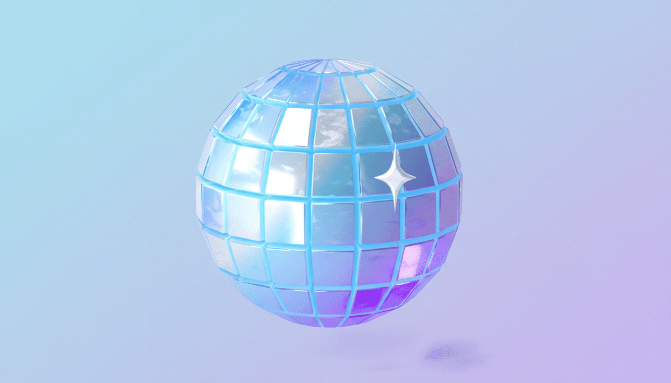 A disco ball with a sparkling star on it, set against a professional flat design background with soft blue and purple gradients.