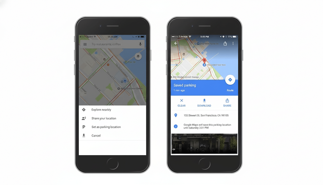 Two smartphones displaying Google Maps interfaces. The left phone shows a map with an overlay menu for Explore nearby, Share your location, Set as parking location, Download offline area, and Cancel. The right phone shows a map with a Saved parking notification, displaying the address 155 Stewart St, San Francisco, CA 94105 and a small image of the parking location.