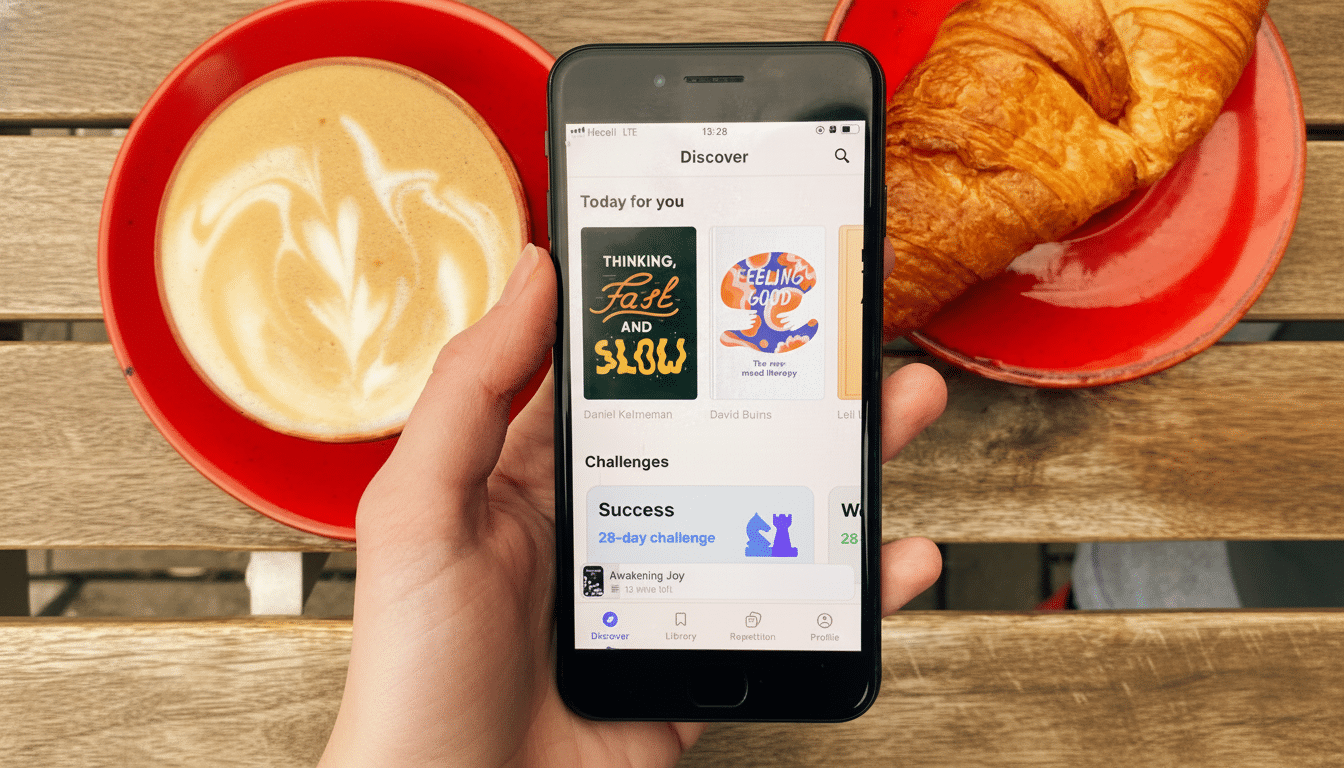A hand holding a smartphone displaying a Discover screen with book covers and challenges, next to a cup of latte and a croissant on a wooden table.