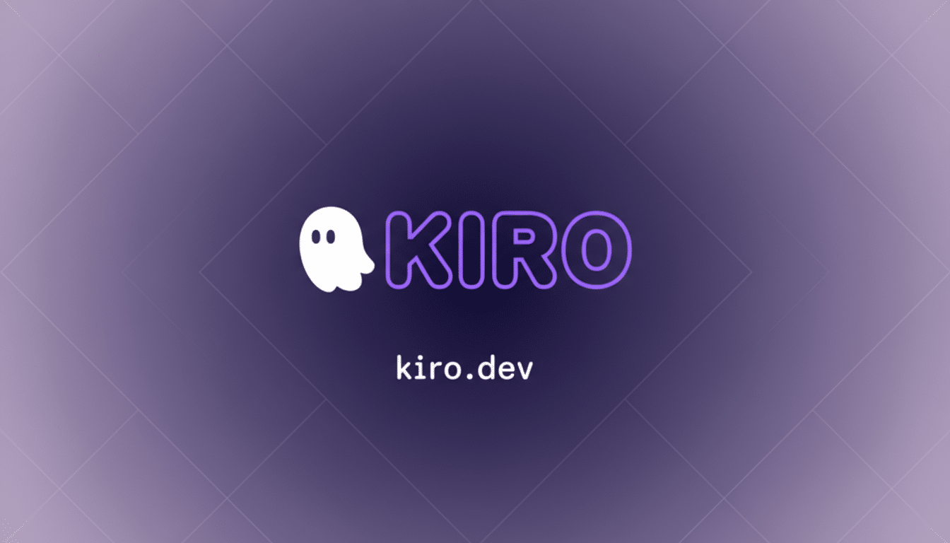 The Kiro logo, featuring a white ghost icon next to the word KIRO in purple outline, with kiro.dev below, all set against a professional purple gradient background with subtle geometric patterns.