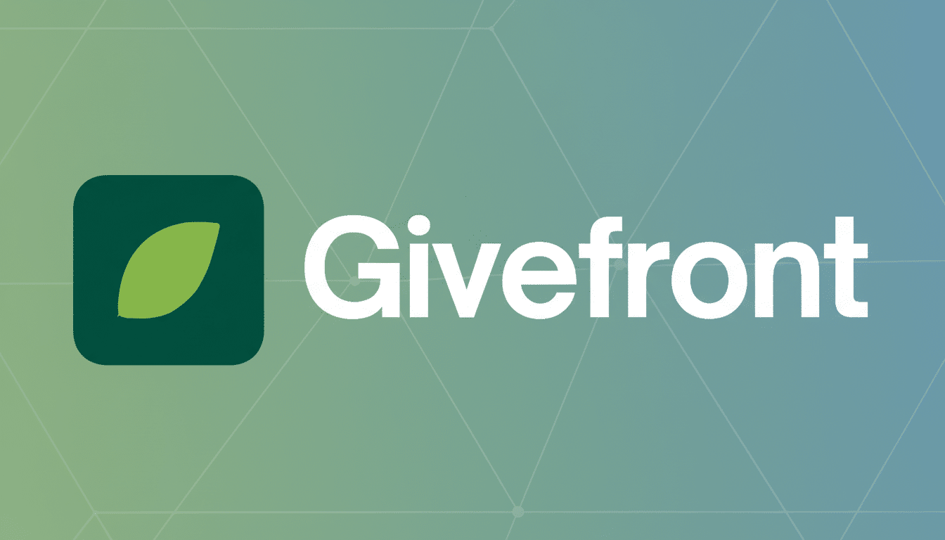 The Givefront logo, featuring a green leaf icon in a rounded square next to the white text Givefront, presented on a professional 16:9 aspect ratio background with a soft green and blue gradient and subtle geometric patterns.