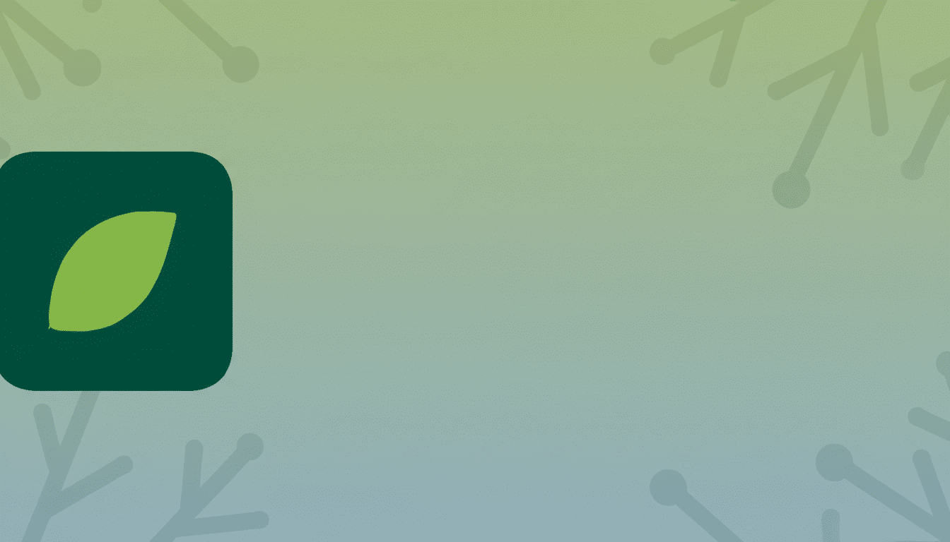 A 16:9 image featuring a green leaf icon on a dark green rounded square, set against a professional flat design background with soft patterns and gradients.