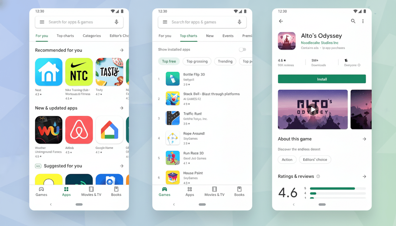 A professionally enhanced image of three mobile phone screens displaying the Google Play Store interface, resized to a 16:9 aspect ratio. The background has been changed to a professional flat design with a soft gradient, while the content of the phone screens remains unchanged.