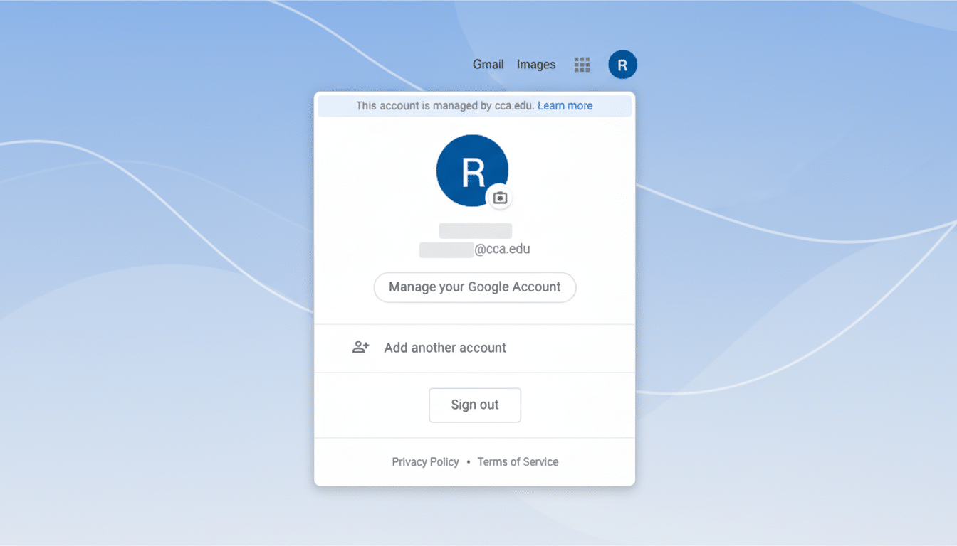 A resized and enhanced image of a Google account management interface, showing a profile icon with the letter R, an email address, and options to manage the account, add another account, or sign out. The background has been changed to a professional flat design with soft blue patterns.