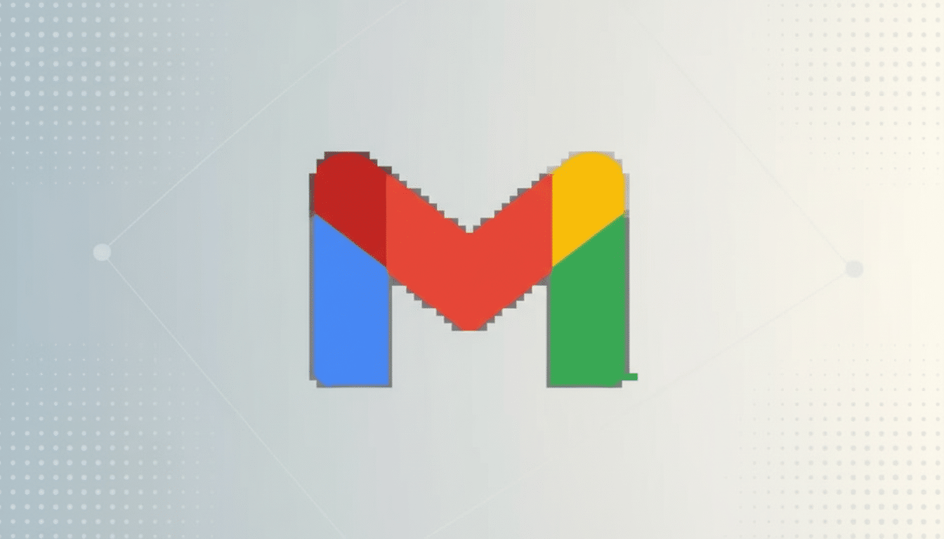 The Gmail logo, a stylized letter M formed by red, blue, yellow, and green shapes, centered on a professional flat design background with soft patterns and a subtle gradient.