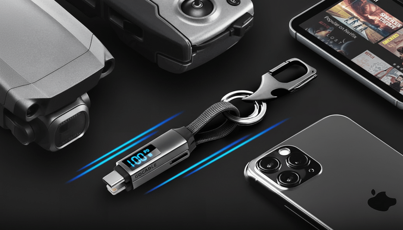 A Gocable keychain charger with a digital display showing 100 PD and blue light trails, surrounded by a drone, a remote control, and two smartphones on a dark surface.