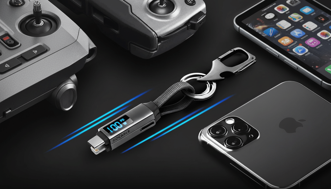 A Gocable keychain charger with a digital display showing 100 PD W is centrally placed on a dark surface, surrounded by a drone remote control and a smartphone, all presented in a professional 16:9 aspect ratio.