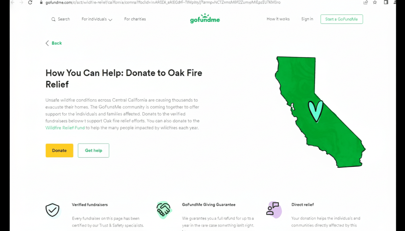 A GoFundMe webpage titled How You Can Help: Donate to Oak Fire Relief with a map of California highlighting the affected area.