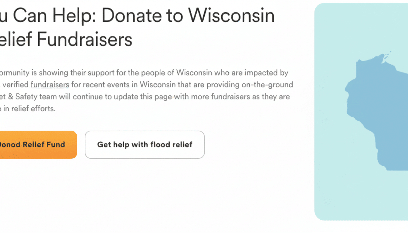A webpage section titled You Can Help: Donate to Wisconsin Relief Fundraisers with text about community support for flood relief, two buttons (Donate to Flood Relief Fund and Get help with flood relief), and a light blue outline of the state of Wisconsin on the right.