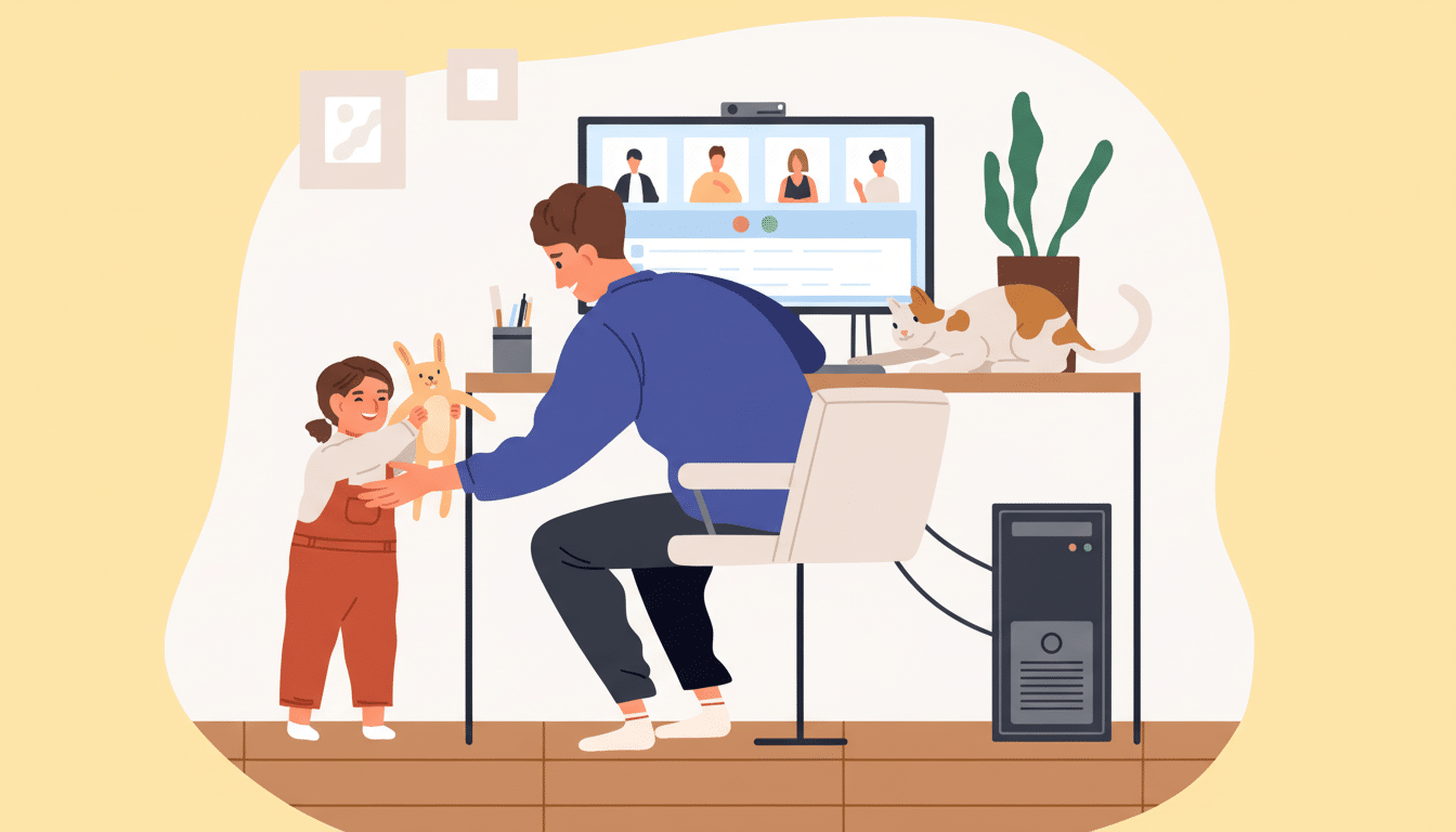 A man working from home on a video call, with a child offering him a toy and a cat on his desk.