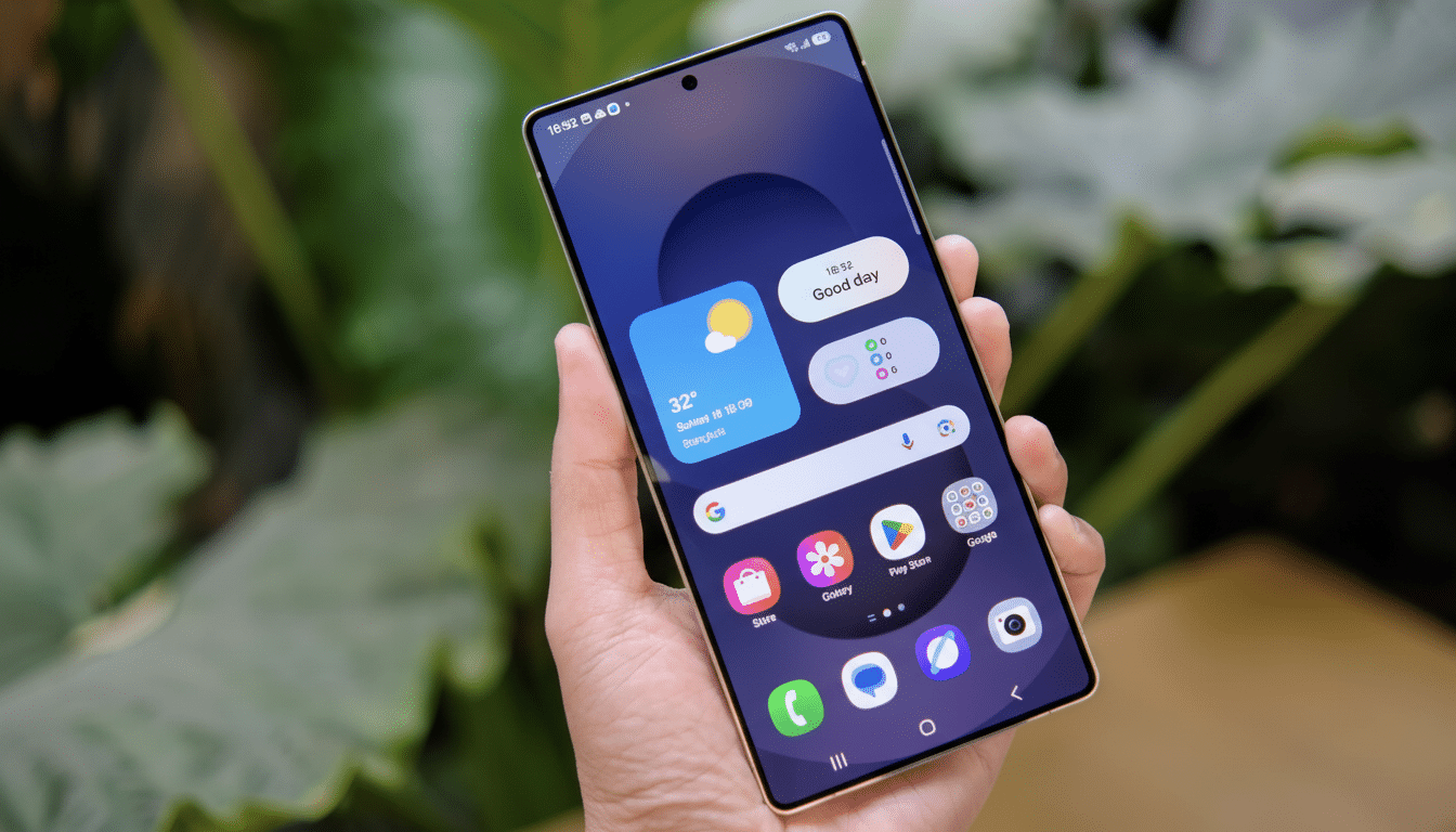 A hand holding a smartphone with a dark blue and purple wallpaper, displaying weather widgets, app icons, and the Google search bar.