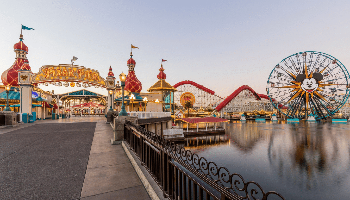 A wide shot of Pixar Pier at Disney California Adventure, featuring the illuminated PIXAR PIER sign, the Incredicoaster, and the Pixar Pal-A-Round Ferris wheel with Mickey Mouse on its center, all reflected in the water at dusk.