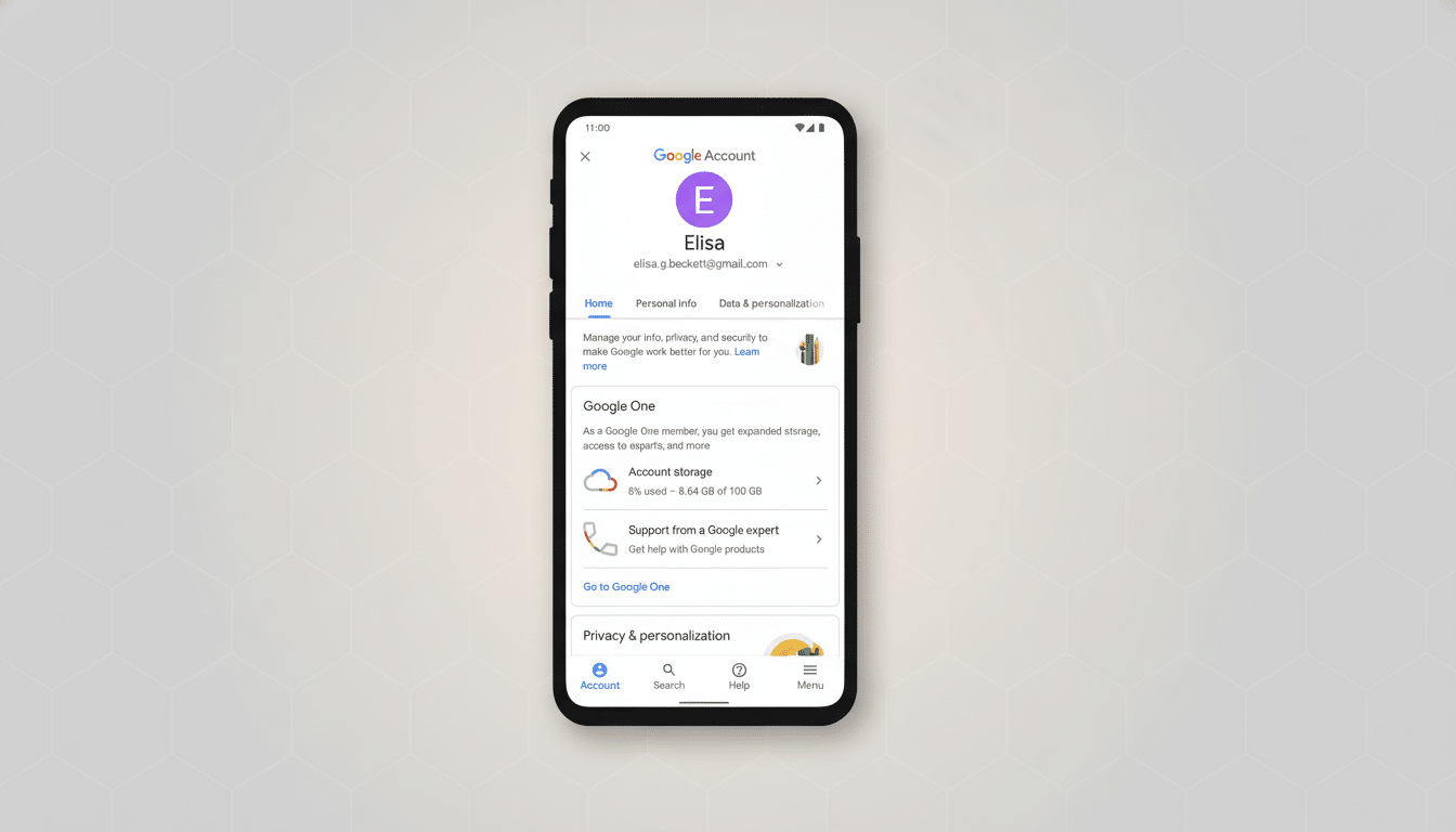 A smartphone displaying the Google Account interface, resized to a 16:9 aspect ratio with a professional flat design background featuring soft patterns.