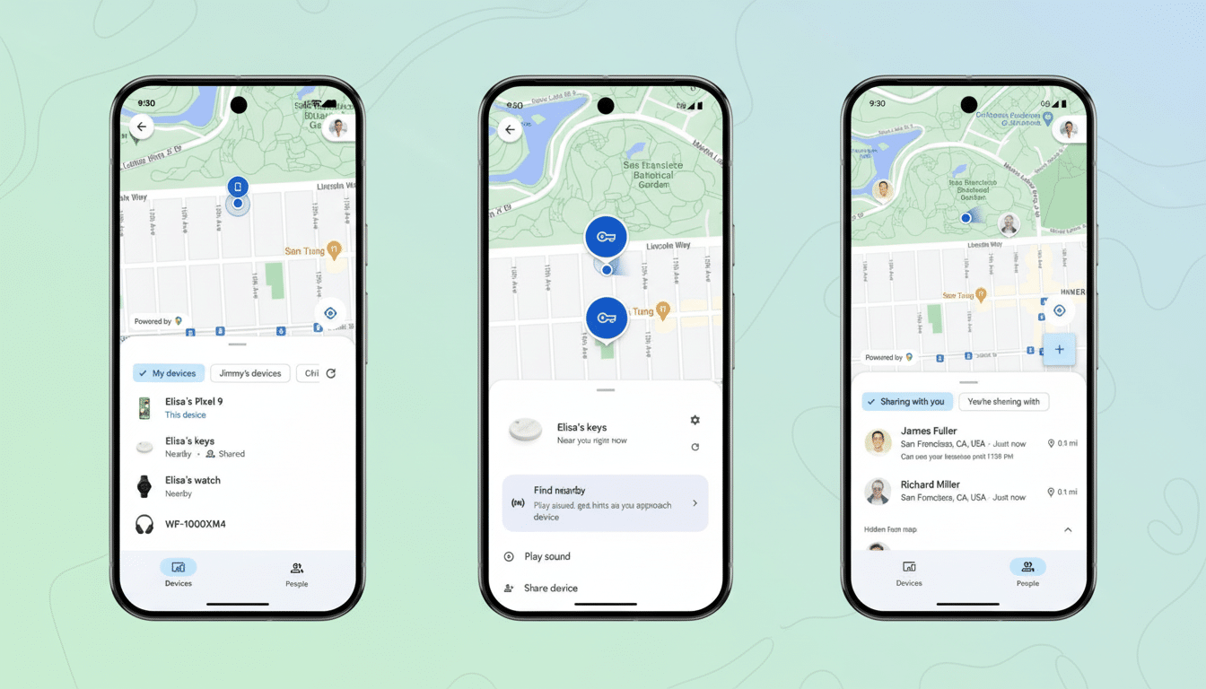 Three smartphone screens displaying a map interface with device tracking features.