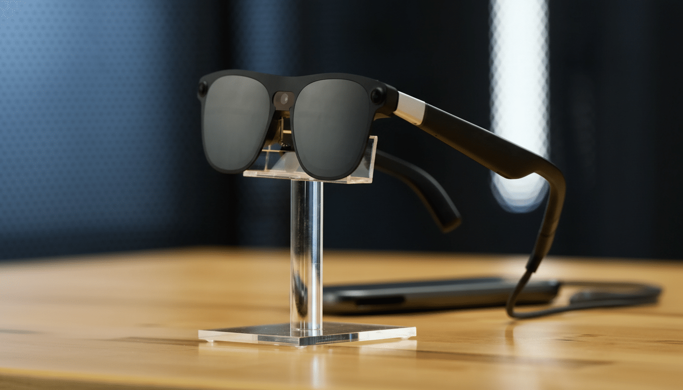 A pair of black smart glasses with dark lenses and silver accents on a clear stand, set against a blurred background with a hint of blue and a light reflection.