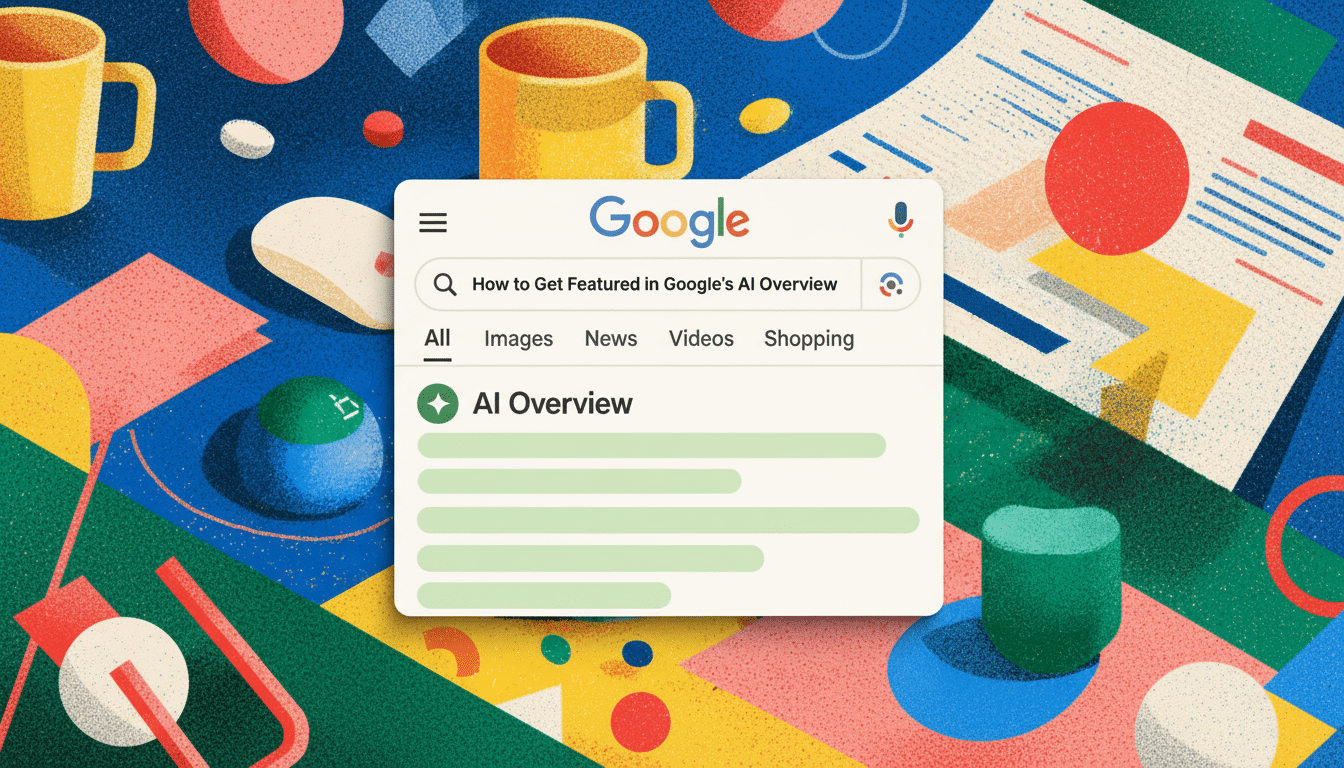 A Google search interface displaying How to Get Featured in Googles AI Overview with a result titled AI Overview on a colorful, abstract background.