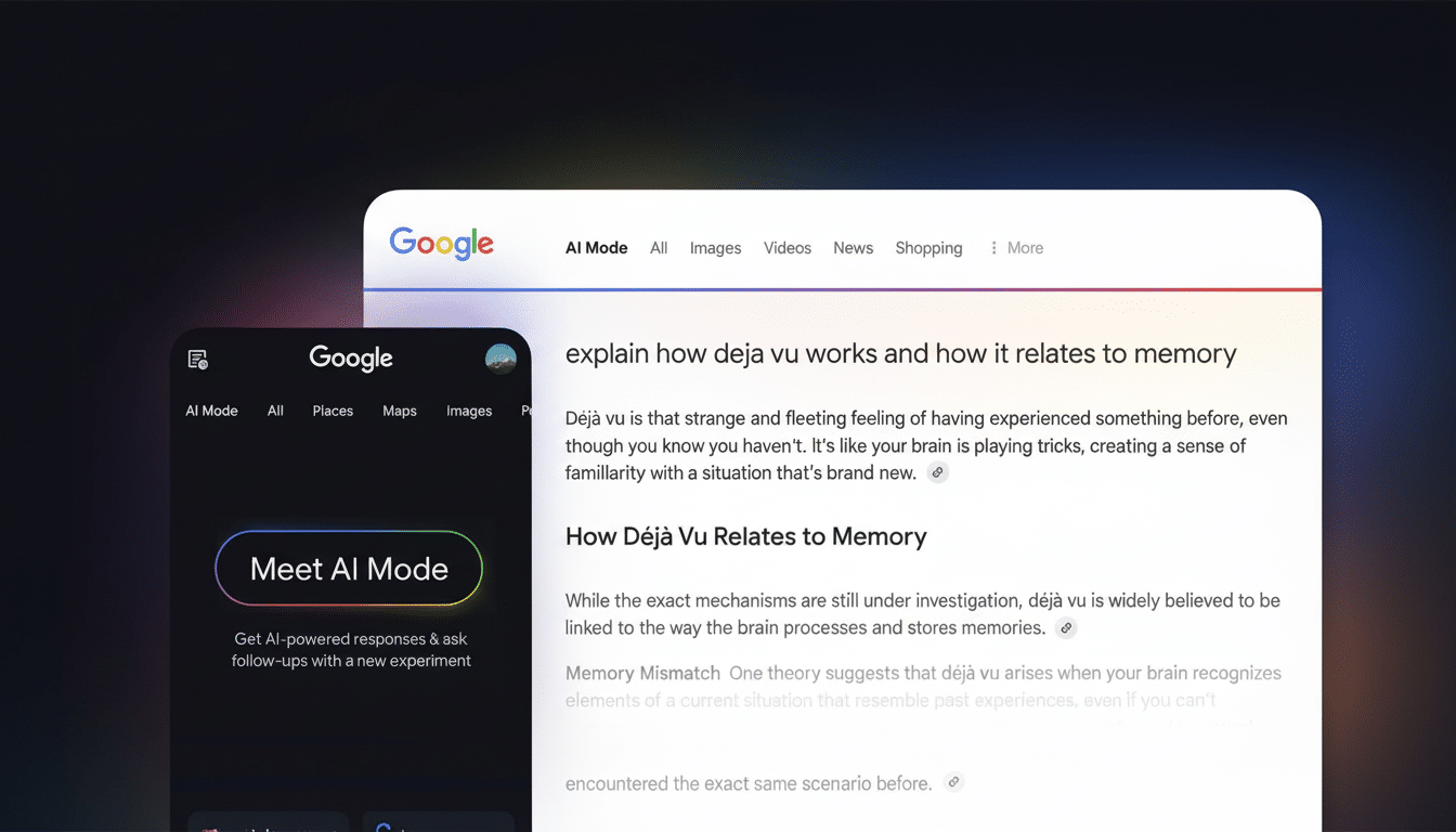 A professional, enhanced image of a Google search interface in 16:9 aspect ratio, showcasing AI Mode on a mobile device and a desktop browser explaining How Déjà Vu Relates to Memory.
