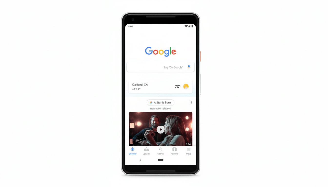A Google Pixel phone displaying the Google search page with a weather widget and a movie trailer for A Star is Born playing.