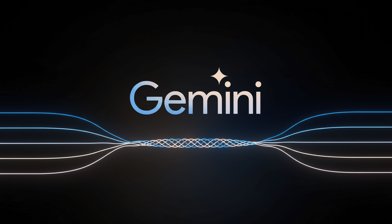 The Gemini logo, featuring the word Gemini in a light blue to white gradient with a sparkling star replacing the dot over the i, centered on a black background. Below the logo, several thin, glowing lines in shades of blue, pink, and white curve inwards from both sides, meeting in the middle to form an intricate, interwoven pattern.