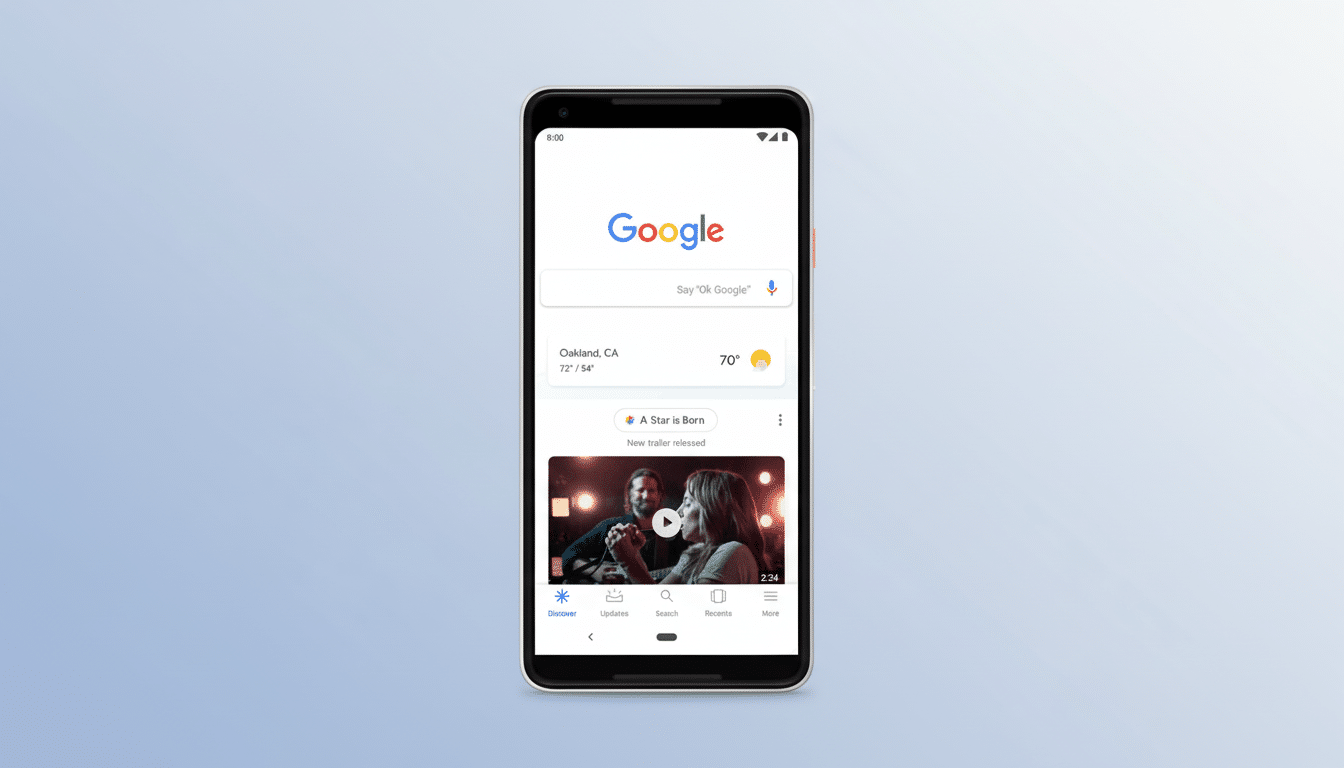 A Google Pixel phone displaying the Google search app with a weather widget and a movie trailer for A Star is Born on a light blue gradient background.