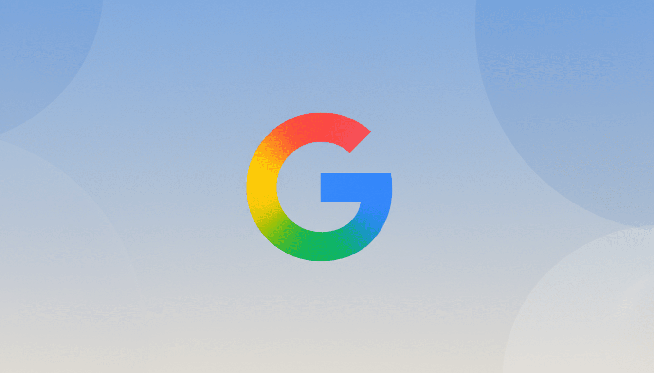 The Google G logo, in its iconic red, yellow, green, and blue colors, centered on a professional 16:9 background with a soft blue and white gradient and subtle, light gray circular patterns.