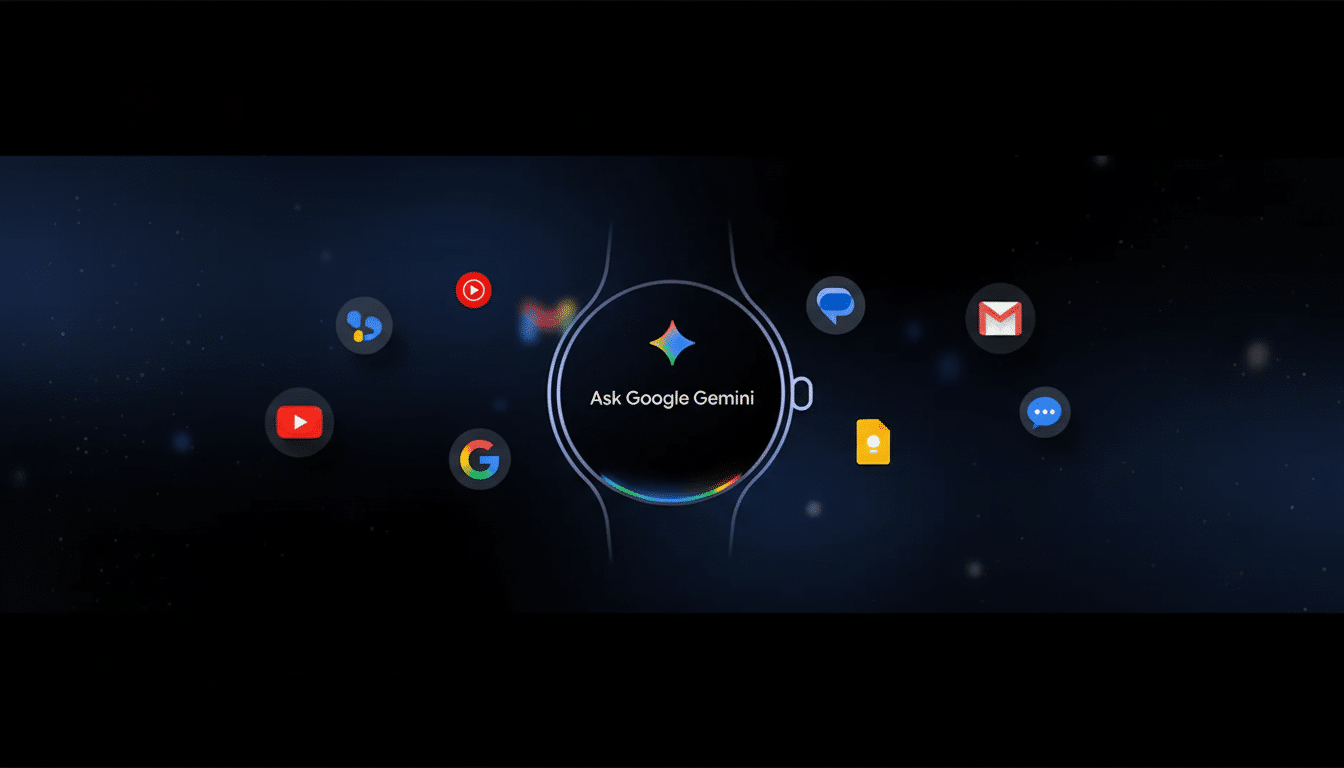 A Google Pixel Watch displaying Ask Google Gemini with various Google app icons surrounding it on a dark, starry background.
