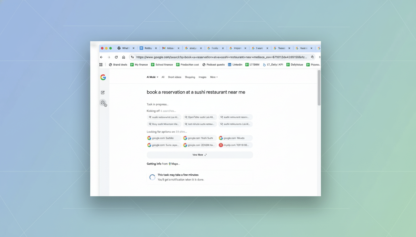 A screenshot of a Google search results page for book a reservation at a sushi restaurant near me, displayed within a web browser window. The browser window is centered on a professional, soft gradient background.
