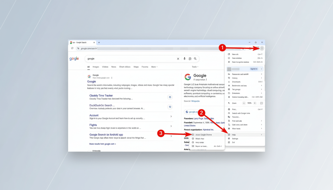 A screenshot of the Google Chrome browser with a Google search results page open. Red arrows and numbered circles highlight a sequence of actions: 1) Clicking the three-dot menu icon in the top right, 2) Hovering over Help, and 3) Hovering over About Google Chrome. The background has been changed to a professional flat design with soft gradients.