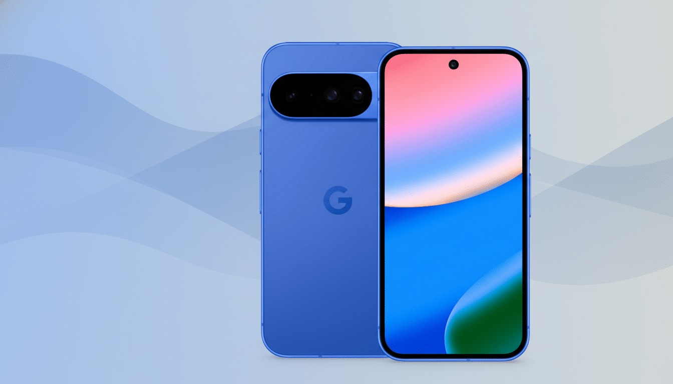 A blue Google Pixel smartphone, shown from the front and back, against a professional flat design background with soft blue and grey wave patterns.