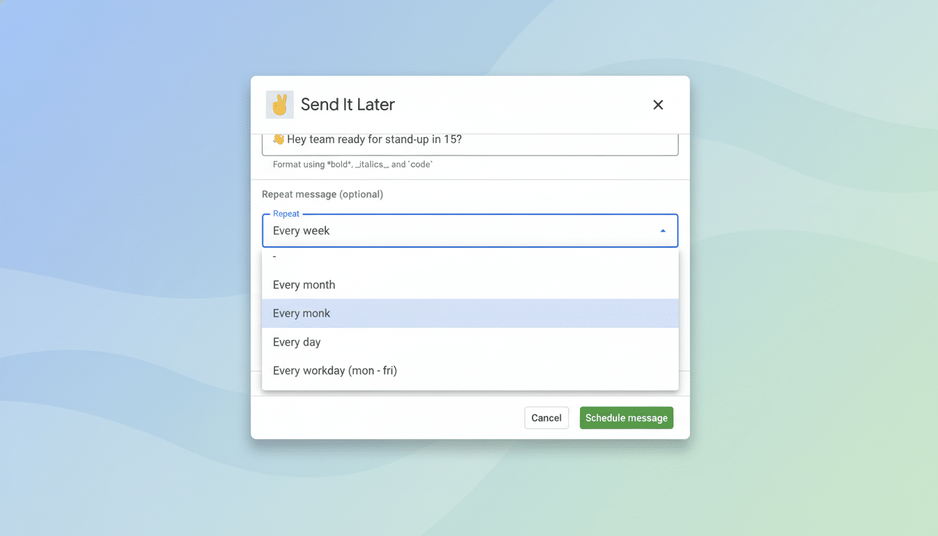 A screenshot of the Send It Later pop-up window with a professional flat design background. The pop-up shows options for repeating a message, with Every week currently selected.