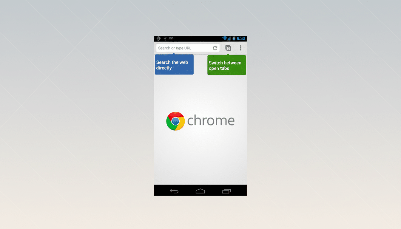 A screenshot of the Google Chrome mobile browser interface, resized to a 16:9 aspect ratio with a professional flat design background featuring soft patterns. The original content of the browser, including the search bar, tabs, and Chrome logo, remains unchanged.