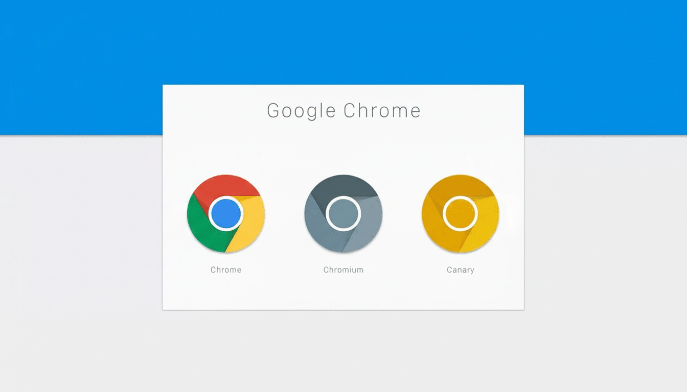 A professionally enhanced image of the Google Chrome, Chromium, and Canary logos on a white card, set against a blue and light gray background, resized to a 16:9 aspect ratio.
