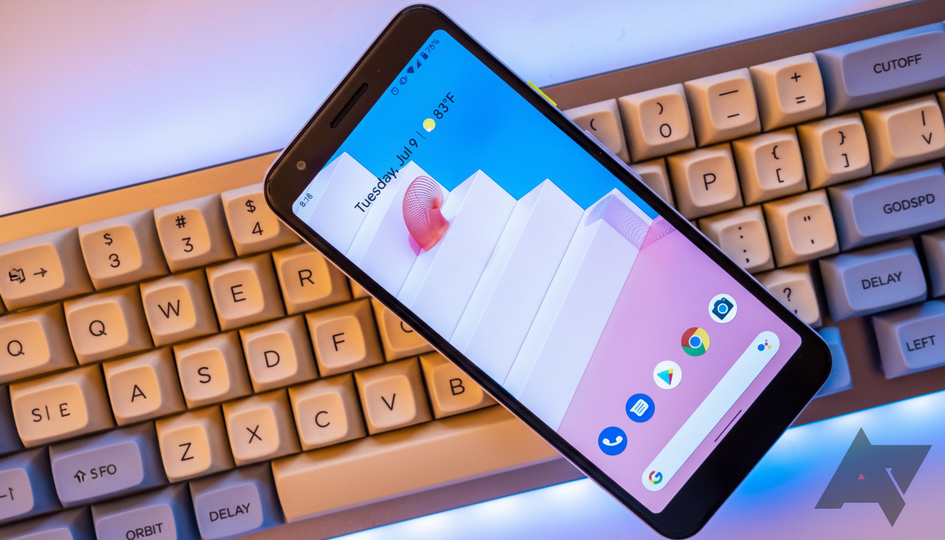 A smartphone displaying a home screen with app icons and a date/temperature widget, resting diagonally on a mechanical keyboard.