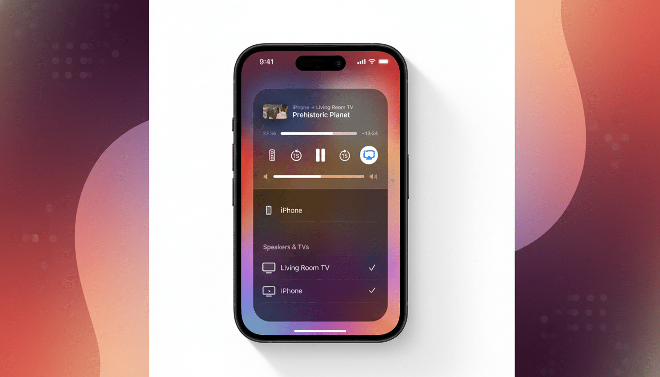 An iPhone displaying a media control interface, with a professional gradient background.