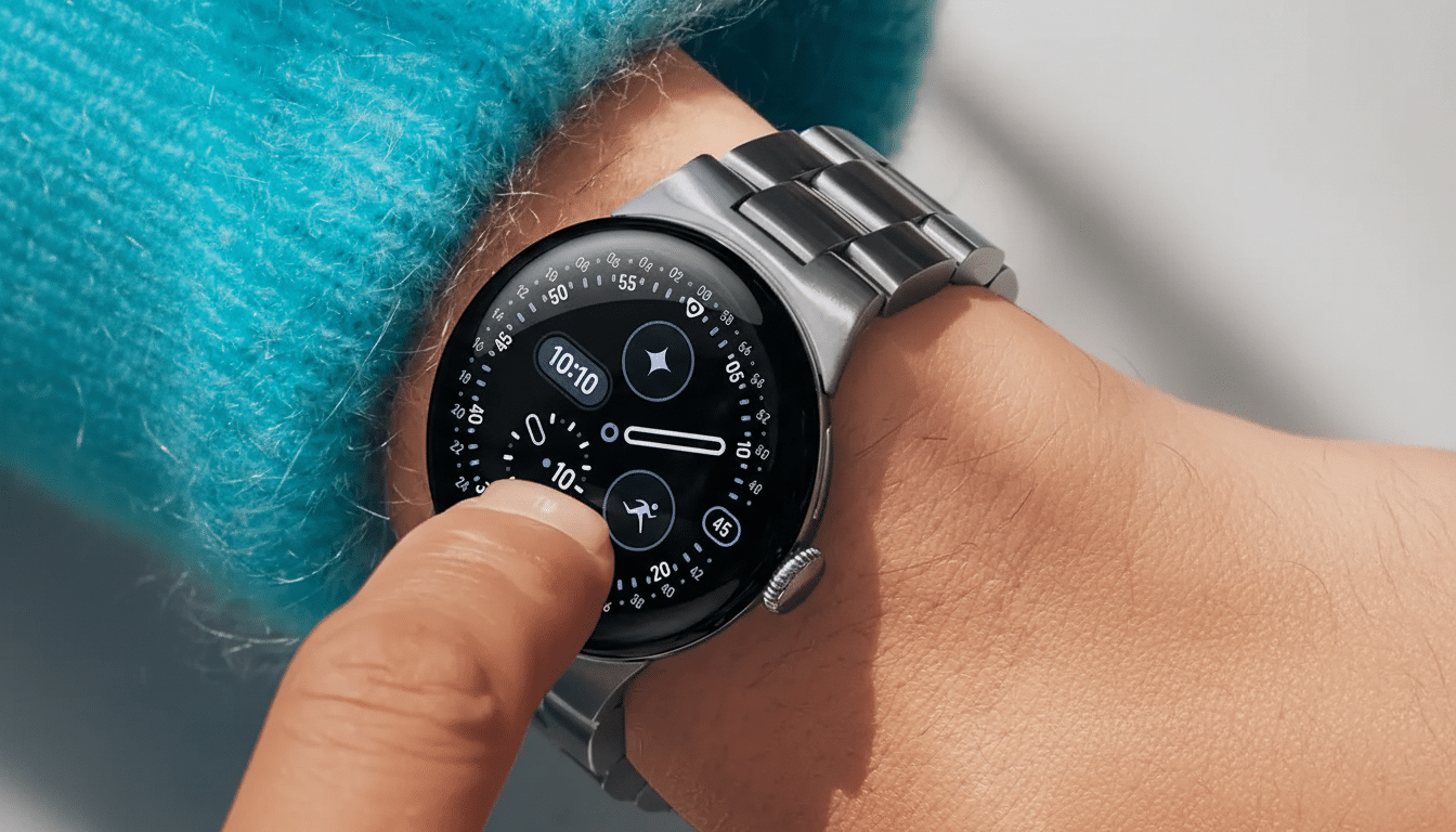 A close-up of a persons wrist wearing a silver smartwatch with a black face, displaying various icons and numbers. The persons finger is touching the screen.