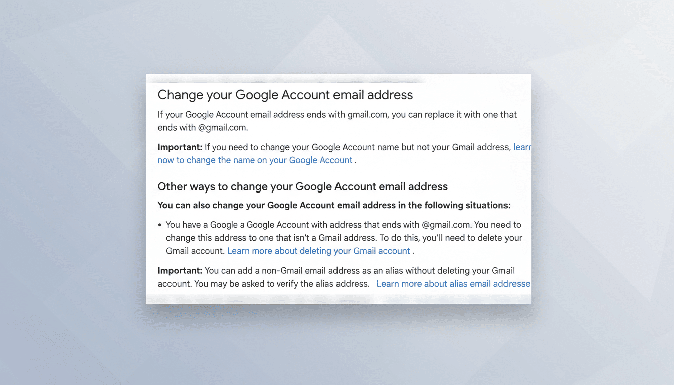 A screenshot of a Google support page titled Change your Google Account email address, presented on a professional flat design background with soft patterns.